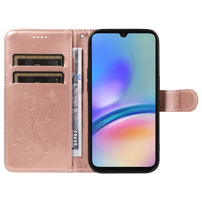 For Samsung Galaxy A05s 4G PU Leather Cases Flower Pattern Wallet Stand Phone Cover with Strap - Rose Gold