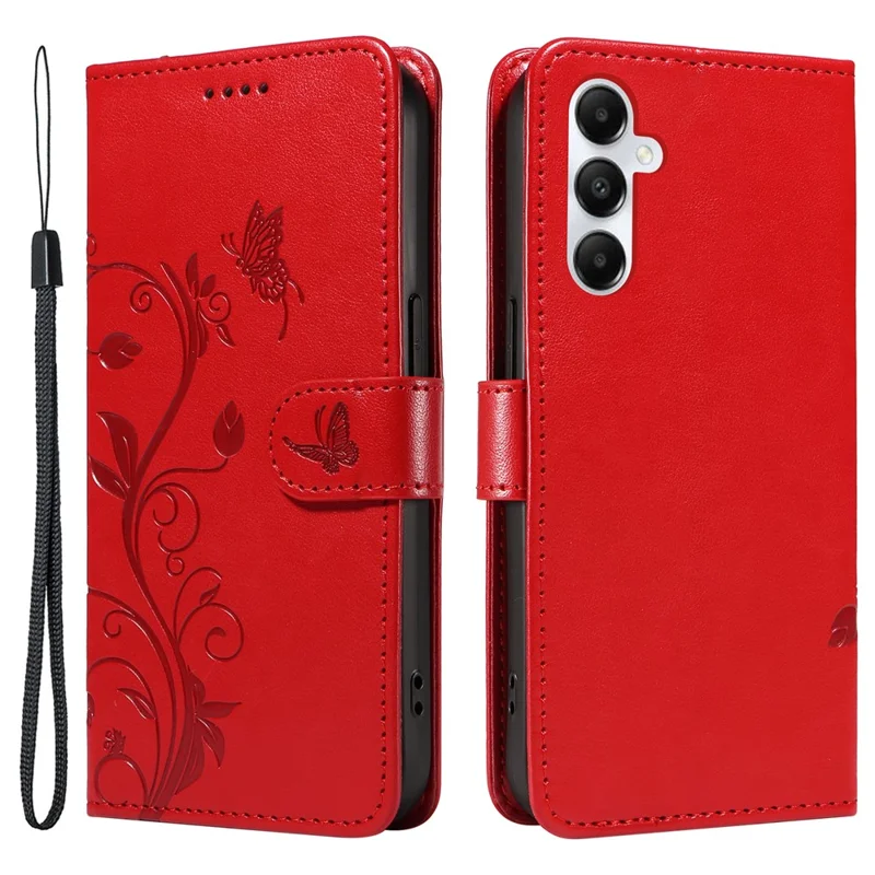 For Samsung Galaxy A05s 4G PU Leather Cases Flower Pattern Wallet Stand Phone Cover with Strap - Red