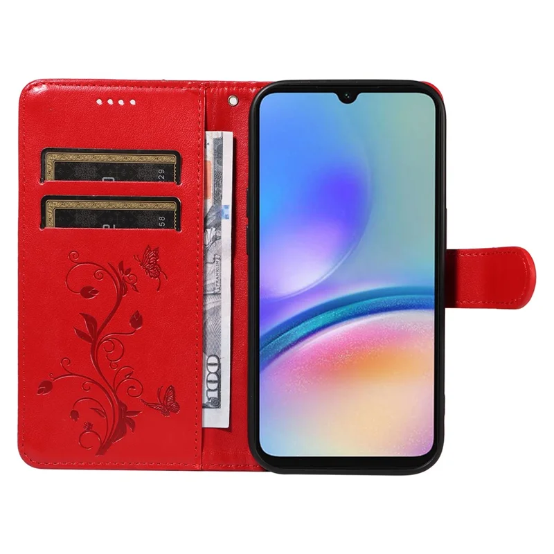 For Samsung Galaxy A05s 4G PU Leather Cases Flower Pattern Wallet Stand Phone Cover with Strap - Red
