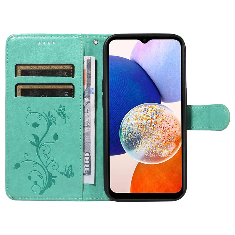 For Samsung Galaxy A15 5G PU Leather Cases Flower Pattern Wallet Stand Phone Cover with Strap - Green