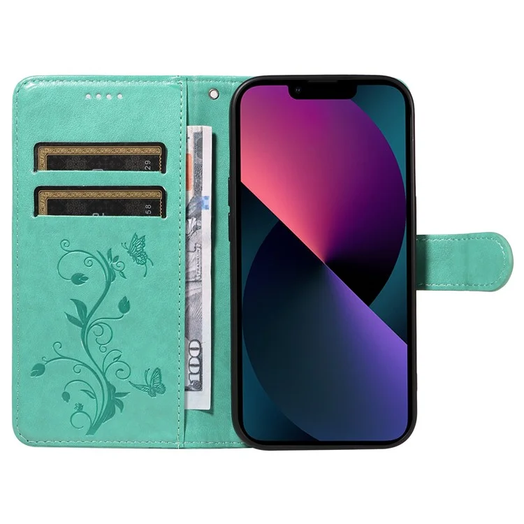 For iPhone 14 PU Leather Cases Flower Pattern Wallet Stand Phone Cover with Strap - Green