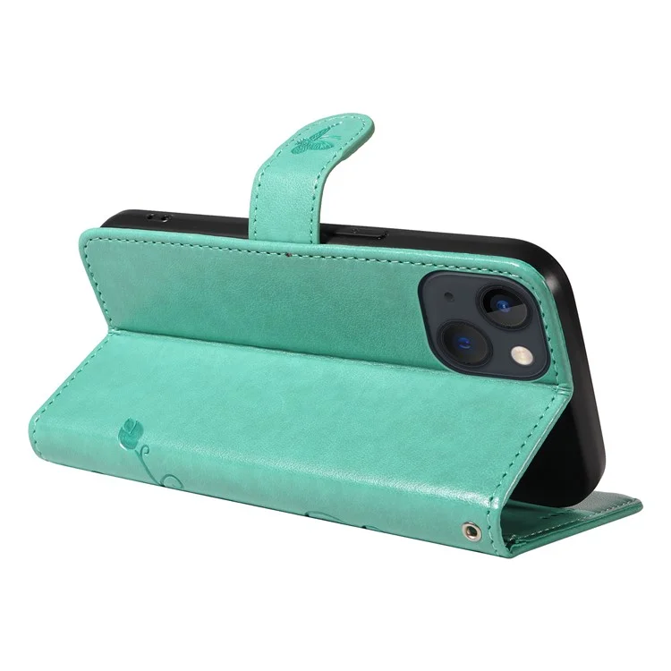 For iPhone 14 PU Leather Cases Flower Pattern Wallet Stand Phone Cover with Strap - Green