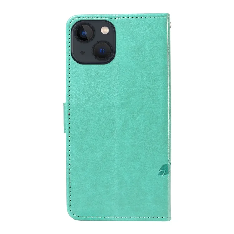 For iPhone 14 PU Leather Cases Flower Pattern Wallet Stand Phone Cover with Strap - Green