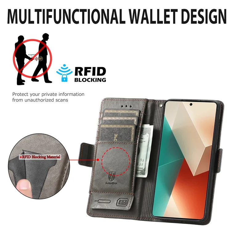 CASENEO 002 Serie para Xiaomi Redmi Note 13 5G Funda de Piel de PU con Bloqueo RFID Cartera Billetera Móvil - Gris