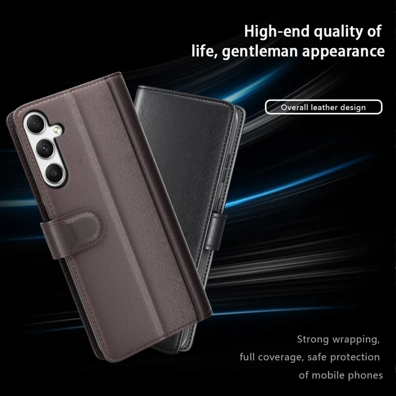 For Samsung Galaxy A35 5G Case Genuine Split Leather Phone Cover with Wallet Stand - Brown