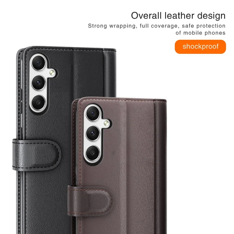 For Samsung Galaxy A35 5G Case Genuine Split Leather Phone Cover with Wallet Stand - Brown