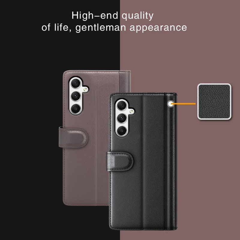 For Samsung Galaxy A35 5G Case Genuine Split Leather Phone Cover with Wallet Stand - Brown