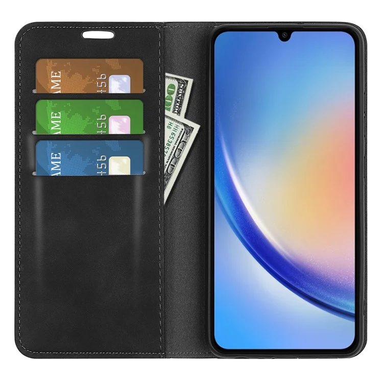 Para Samsung Galaxy A35 5G Skin Touch Feeling Case PU Leather Magnetic Auto-absorbed Phone Cover - Negro