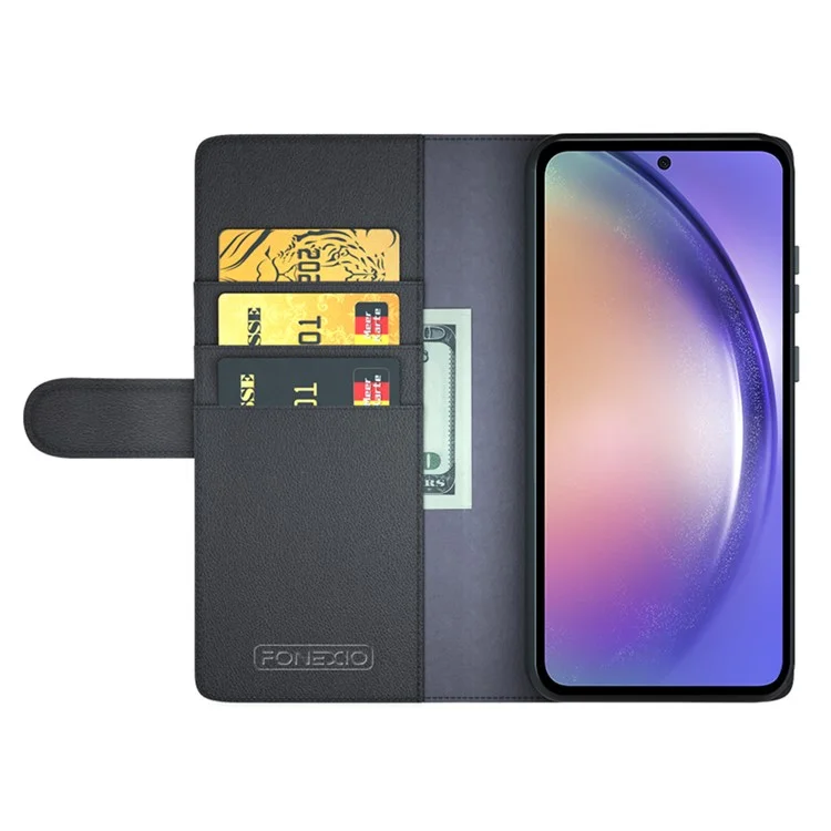 Für Samsung Galaxy A55 5G Hülle Echtes Kuhlederhülle + Geteilte Lederhülle mit Geldbörsenständer - Schwarz