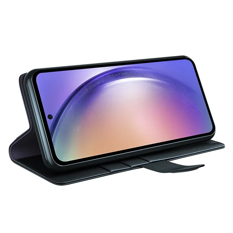 Für Samsung Galaxy A55 5G Hülle Echtes Kuhlederhülle + Geteilte Lederhülle mit Geldbörsenständer - Schwarz