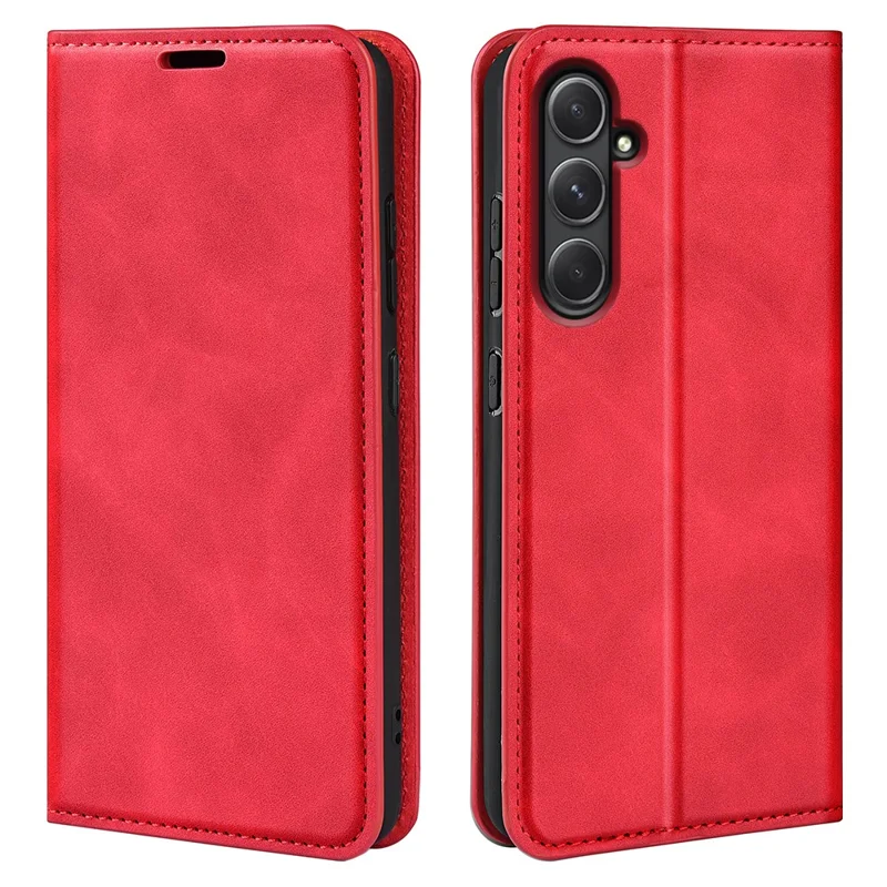 For Samsung Galaxy A55 5G Phone Case Leather Folio Flip Cover Magnetic Absorption - Red