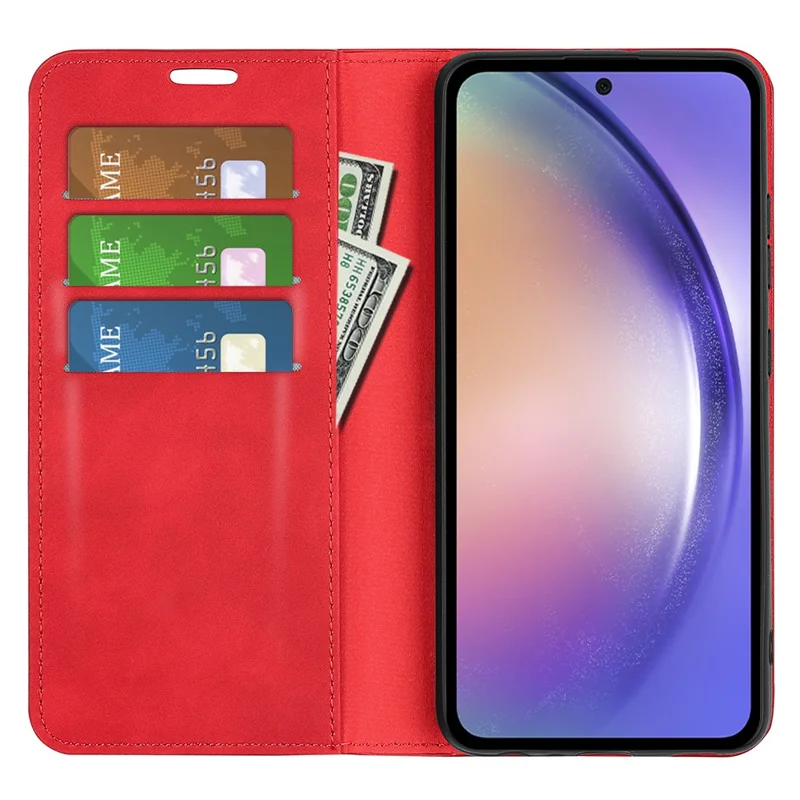 For Samsung Galaxy A55 5G Phone Case Leather Folio Flip Cover Magnetic Absorption - Red