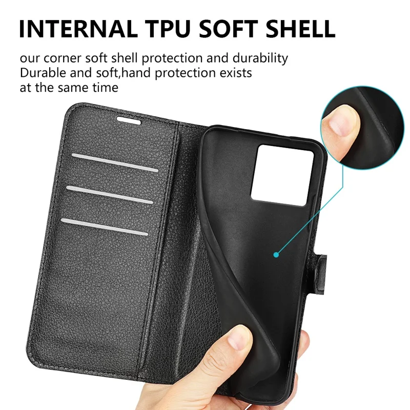 Para ZTE Blade V50 Vita Case Litchi Texture PU Leather+TPU Wallet Stand Phone Cover - Preto