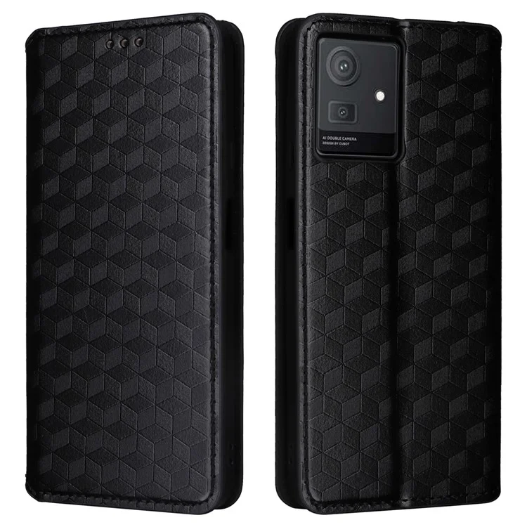 For Cubot Note 50 Case Rhombus Imprinted PU Leather+TPU Phone Cover with Magnetic Closure - Black