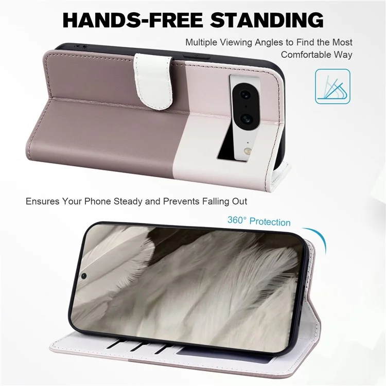 Série d'animaux de dessin animé pour étui Google Pixel 8 en cuir Splicing Phone Stand Cover avec sangle de poignet - Bean Pink