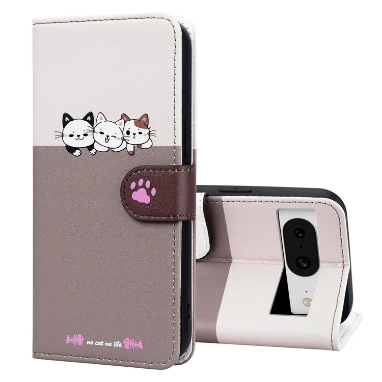 Série d'animaux de dessin animé pour étui Google Pixel 8 en cuir Splicing Phone Stand Cover avec sangle de poignet - Bean Pink
