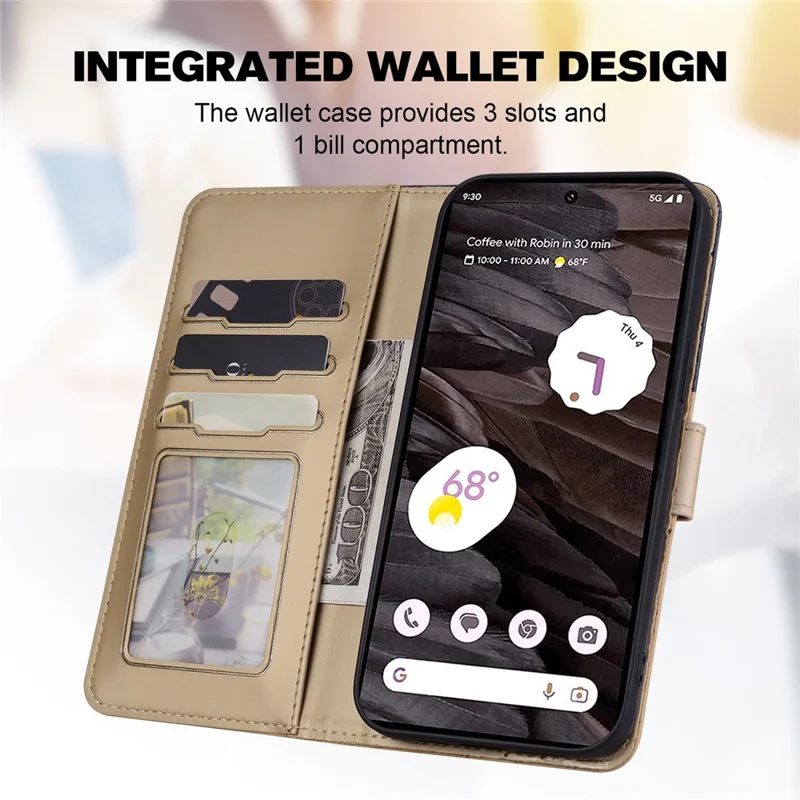 Cartoon Pet Series for Google Pixel 7a Shockproof Case Wallet Phone Cover - Khaki