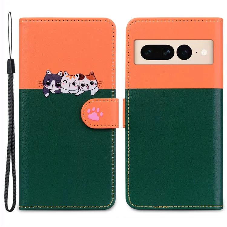 Cartoon Pet Series for Google Pixel 7 Pro 5G Protective Case Wallet Phone Cover - Blackish Green