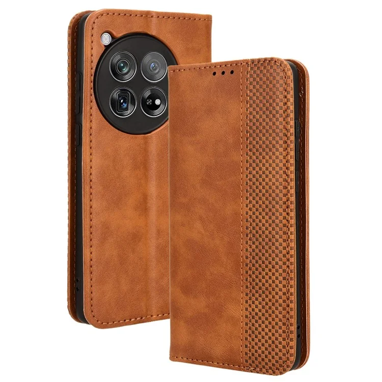 Para OnePlus 12 5g Retro Textura Teléfono Varera de Carcasa PU Case de Cuero Puente de Soporte - Marrón