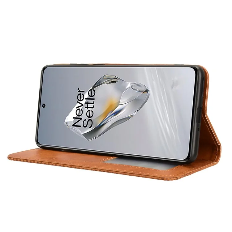Para OnePlus 12 5G Retro Textura Capa de Telefone Carteira Caso PU Leather Stand Cover - Marrom