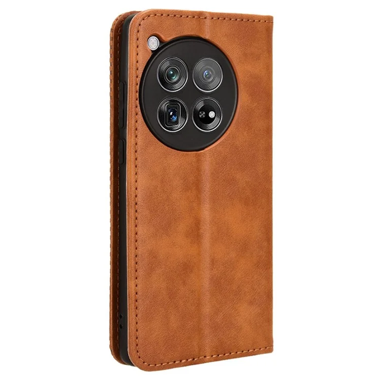 Para OnePlus 12 5G Retro Textura Capa de Telefone Carteira Caso PU Leather Stand Cover - Marrom