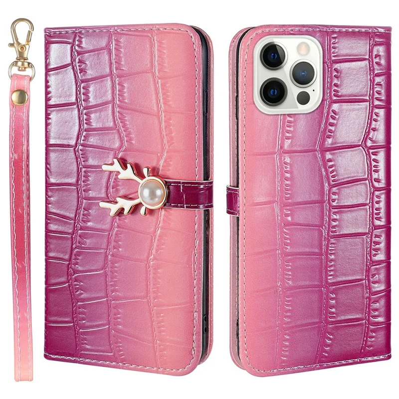 For iPhone 14 Pro Shockproof Case Gradient Crocodile Texture Phone Cover with Deer Decor Closure - Pink