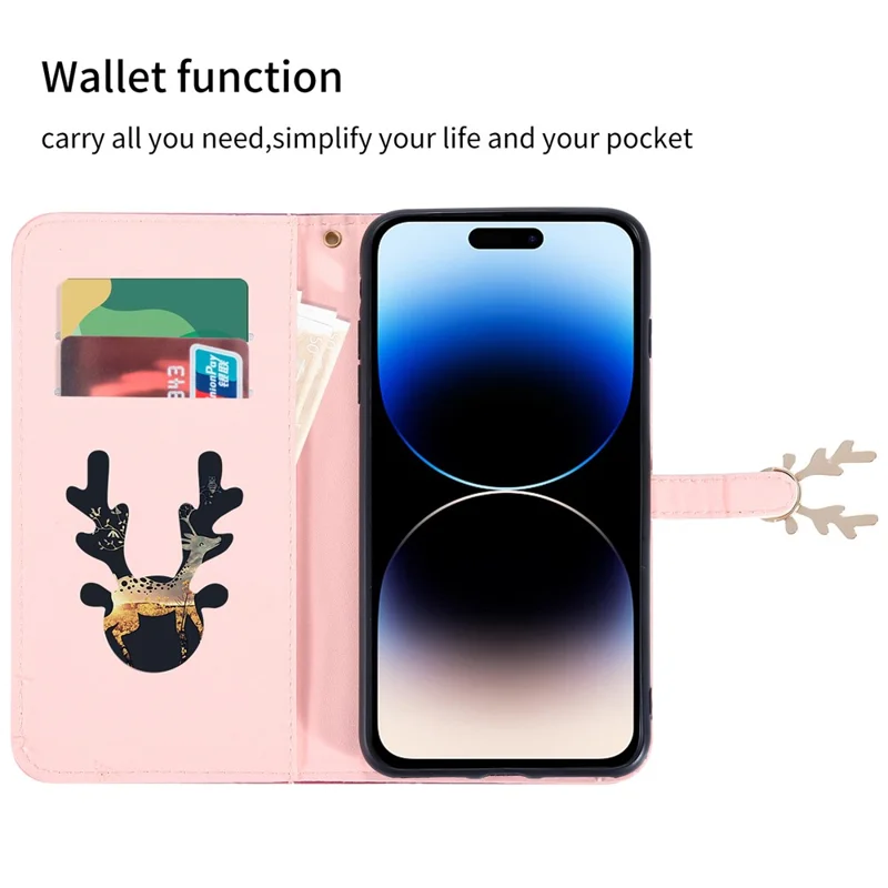 For iPhone 14 Pro Shockproof Case Gradient Crocodile Texture Phone Cover with Deer Decor Closure - Pink