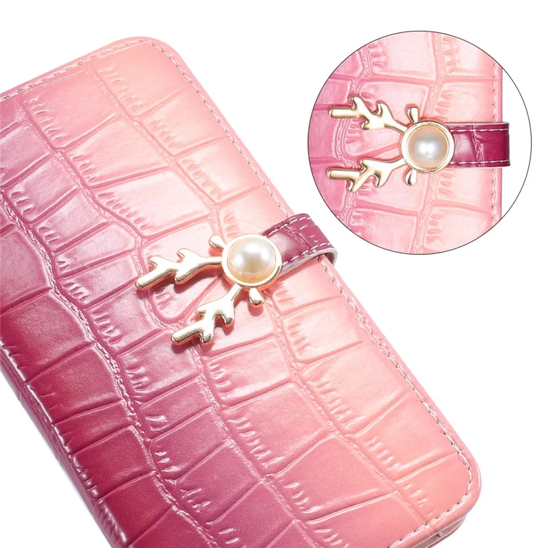For iPhone 14 Pro Shockproof Case Gradient Crocodile Texture Phone Cover with Deer Decor Closure - Pink