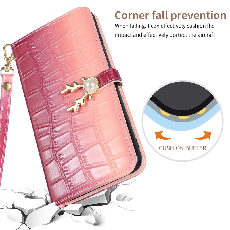 For iPhone 14 Pro Shockproof Case Gradient Crocodile Texture Phone Cover with Deer Decor Closure - Pink