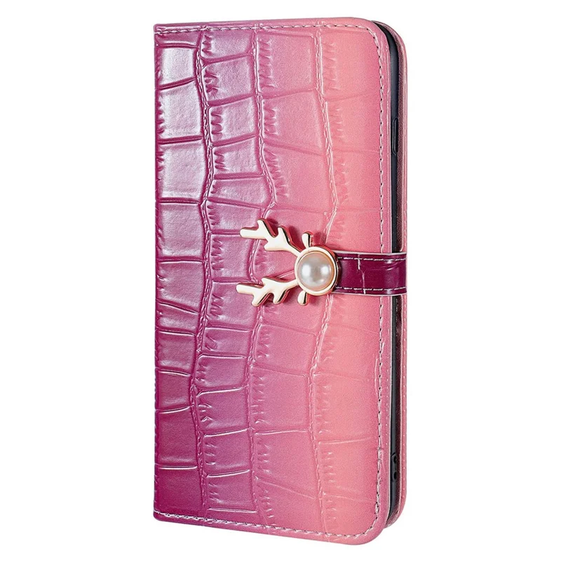 For iPhone 14 Pro Shockproof Case Gradient Crocodile Texture Phone Cover with Deer Decor Closure - Pink