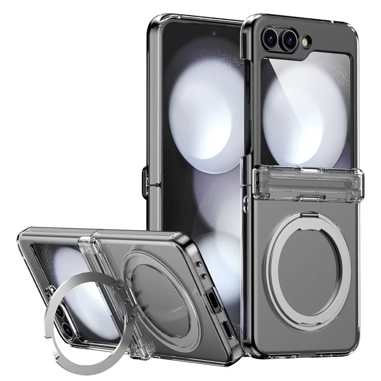 Para Samsung Galaxy Z Flip5 5G Rotatable Ring Cover Hard PC Back Magnetic Phone Case - Transparente