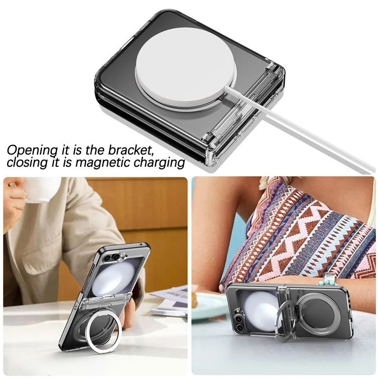 Para Samsung Galaxy Z Flip5 5G Rotatable Ring Cover Hard PC Back Magnetic Phone Case - Transparente