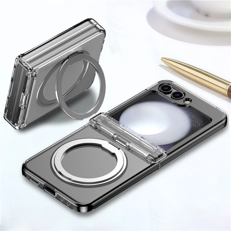 Para Samsung Galaxy Z Flip5 5G Rotatable Ring Cover Hard PC Back Magnetic Phone Case - Transparente