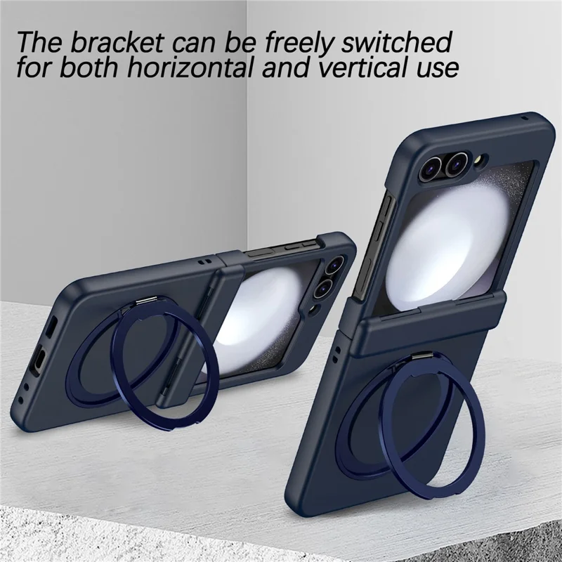 For Samsung Galaxy Z Flip5 5G Rotatable Ring Cover Hard PC Back Magnetic Phone Case - Navy Blue