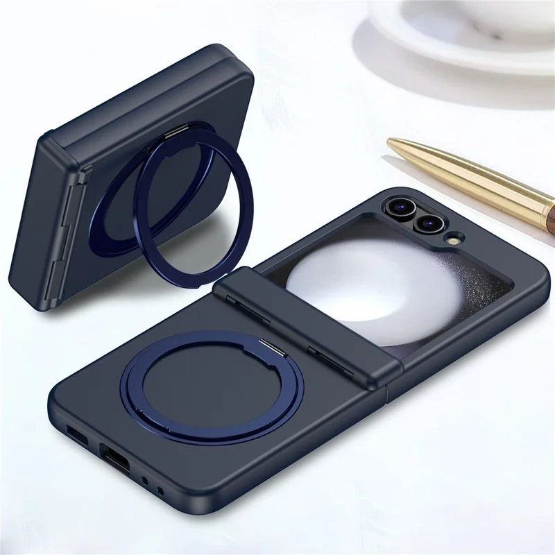 For Samsung Galaxy Z Flip5 5G Rotatable Ring Cover Hard PC Back Magnetic Phone Case - Navy Blue