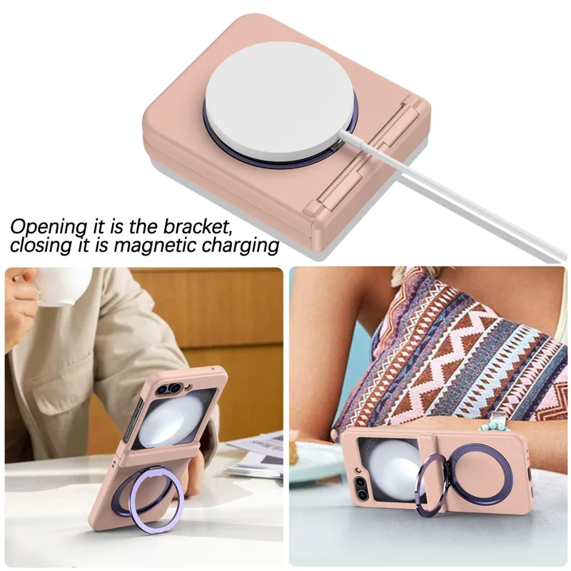 For Samsung Galaxy Z Flip5 5G Rotatable Ring Cover Hard PC Back Magnetic Phone Case - Pink