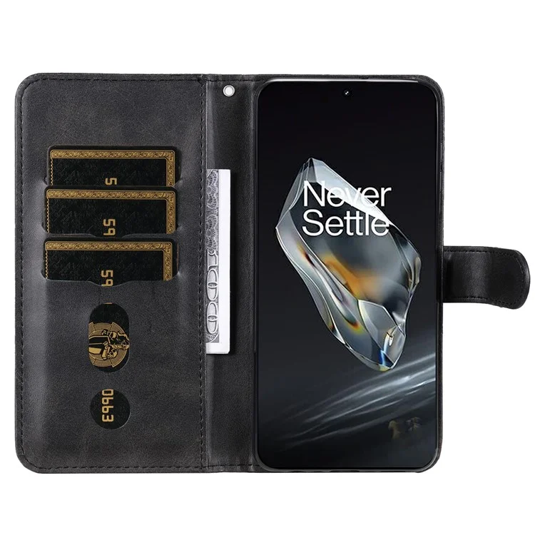 For OnePlus 12 5G Case Zipper Pocket Wallet Stand Calf Texture Phone Leather Cover - Black