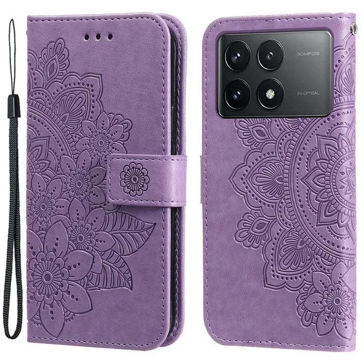 Para Xiaomi Redmi K70E 5G / Poco X6 Pro 5G Capa Flip Cover Flor PU Leather Wrist Strap Phone Shell - Roxo