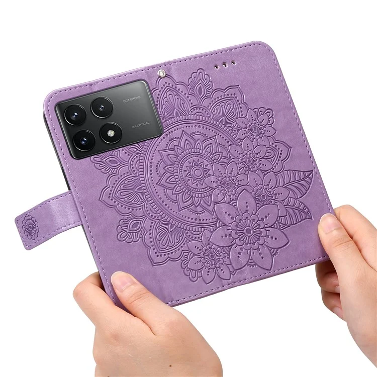 Para Xiaomi Redmi K70E 5G / Poco X6 Pro 5G Capa Flip Cover Flor PU Leather Wrist Strap Phone Shell - Roxo