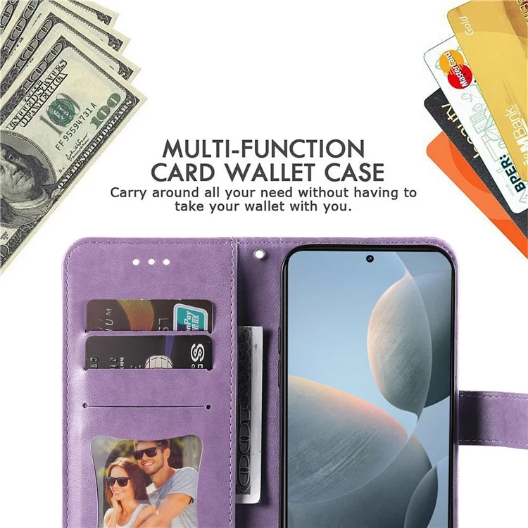Para Xiaomi Redmi K70E 5G / Poco X6 Pro 5G Capa Flip Cover Flor PU Leather Wrist Strap Phone Shell - Roxo