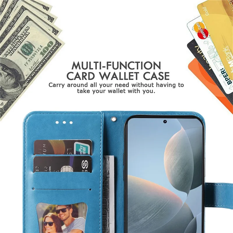 For Xiaomi Redmi K70E 5G / Poco X6 Pro 5G Case Floral Pattern PU Leather Wallet Stand Phone Cover - Blue