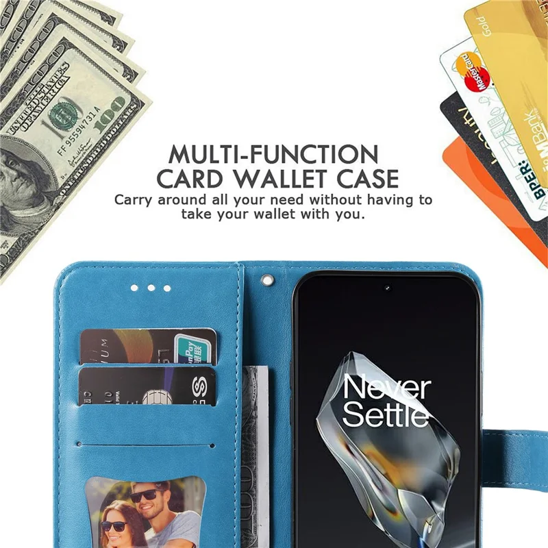 For OnePlus 12 5G Case Floral Pattern PU Leather Wallet Stand Phone Cover - Blue