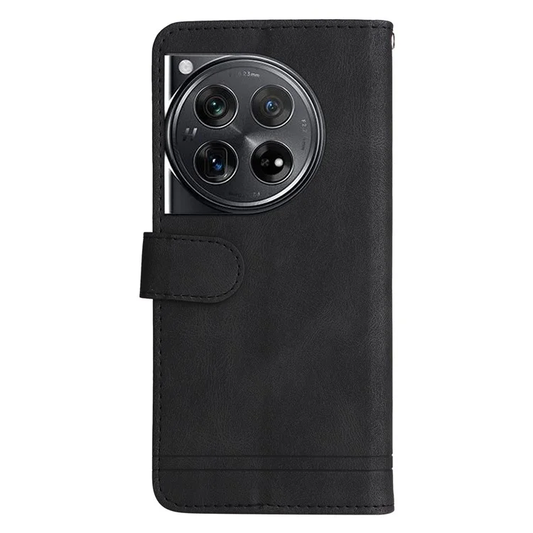 For OnePlus 12 5G Leather Wallet Cases Skin Touch Phone Cover Stand with Strap - Black