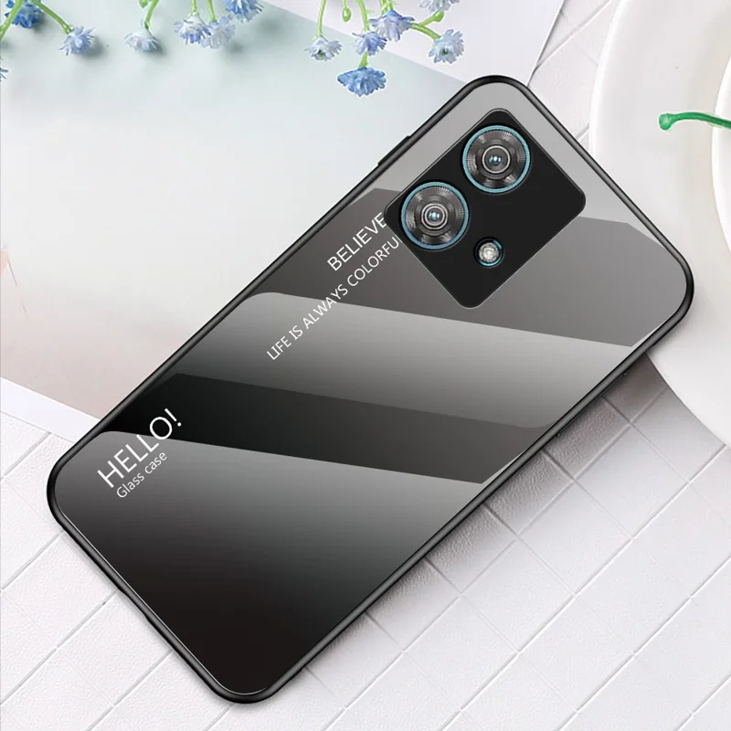 For Motorola Edge 40 Neo 5G Tempered Glass+PC+TPU Phone Case Anti-drop Cover - Gradient Black Grey