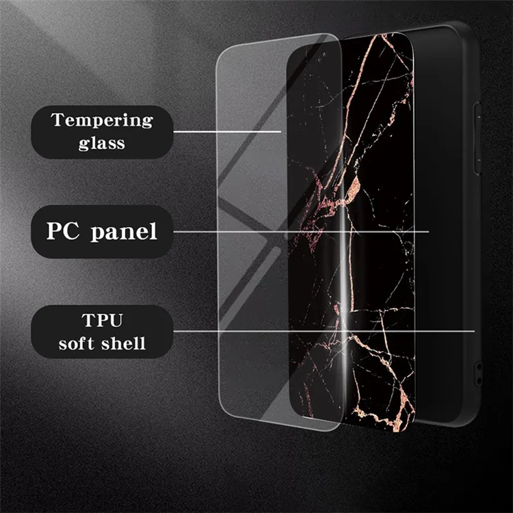 For Motorola Edge 40 Neo 5G Case Marble Pattern Printed Tempered Glass+PC+TPU Phone Protector - Black Marble