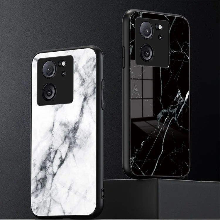 Xiaomi 13T / 13T Pro / Redmi K60 Ultra Cover Marble Pattern PC+TPU+Tempered Glass Mobile Phone Shell - Black Marble