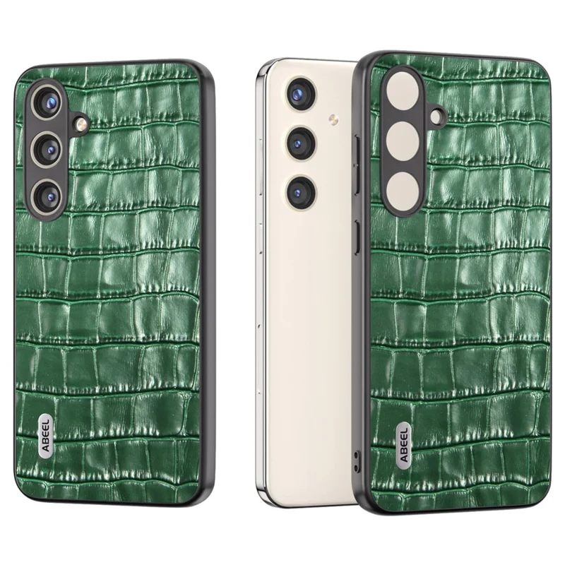 ABEEL For Samsung Galaxy S24+ Case Genuine Cow Leather Phone Cover Crocodile Texture - Green