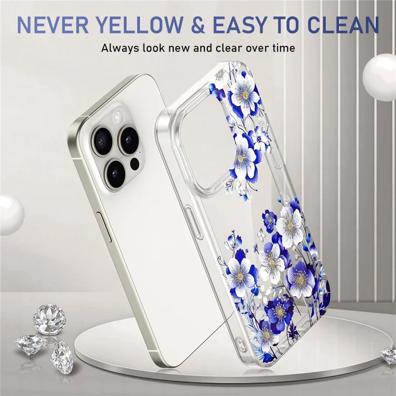 For iPhone 15 Pro Max Phone Case Floral Pattern Transparent Phone Cover - F1