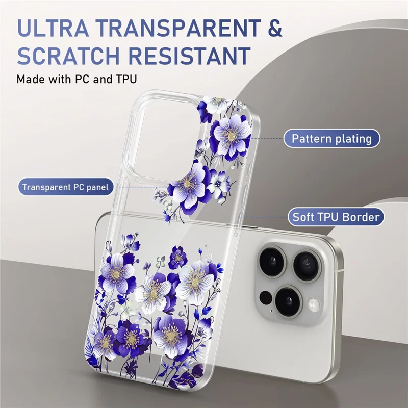 For iPhone 15 Pro Max Phone Case Floral Pattern Transparent Phone Cover - F1