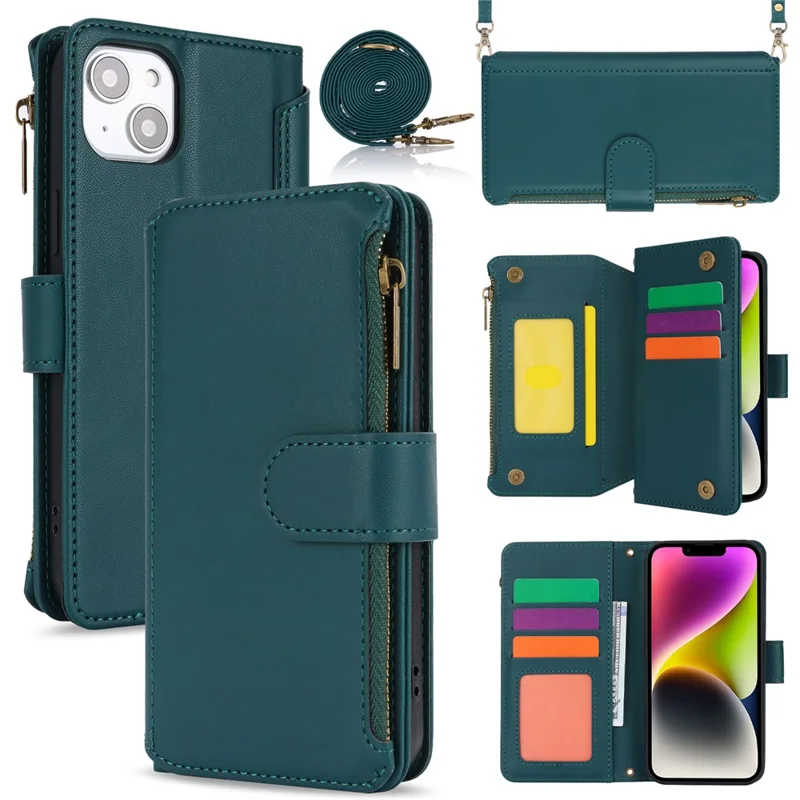 For iPhone 14 Plus Case Folio Flip PU Leather Wallet Phone Cover with 2 Straps - Blue